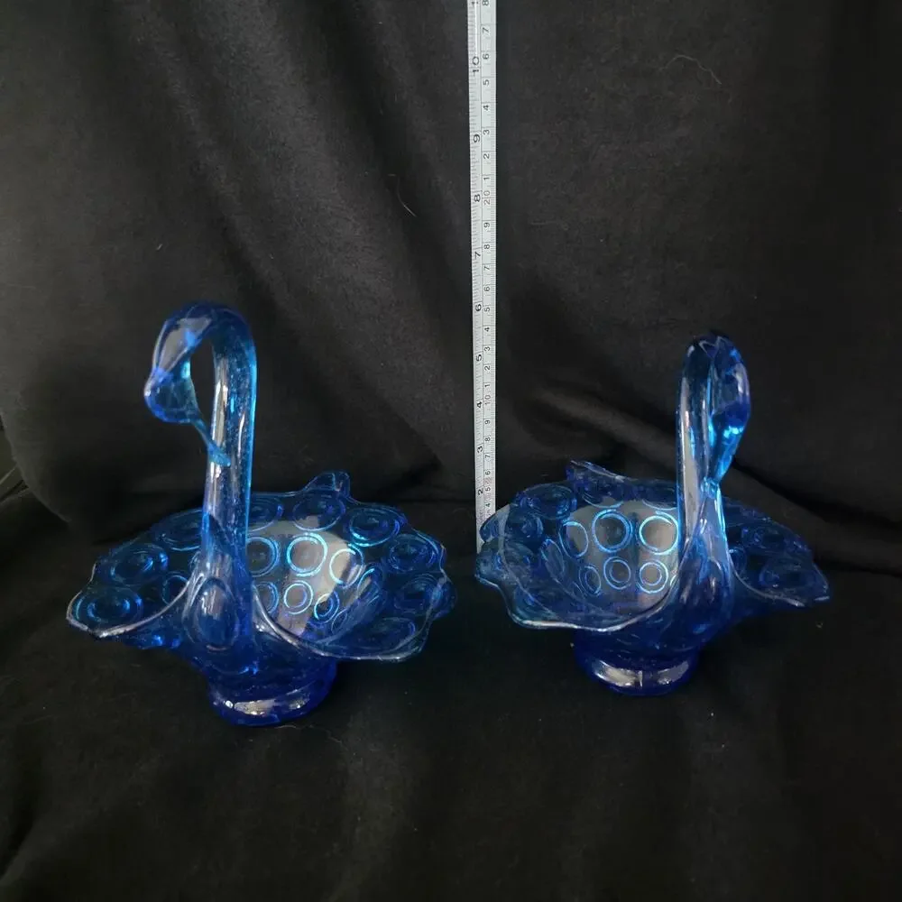 Vintage MCM Cobalt Blue Glass Swan Planters Coin Dot Pedestal Art Glass Pair
